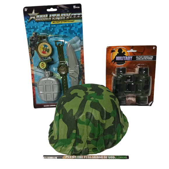 Halloween Kids Army Costume Toy Kit Helmet Canteen Compass Binoculars Survival - Picture 1 of 16